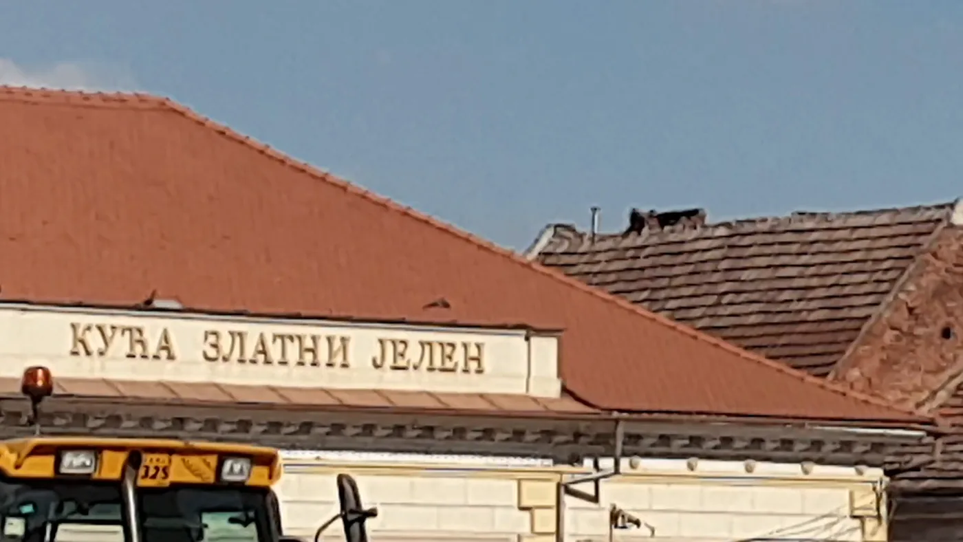 The red-tiled roof and cream gable of an old single-storey house with a Serbian Cyrillic inscription reading Kuca Zlatni jelen, the arm of a yellow excavator in the lower corner