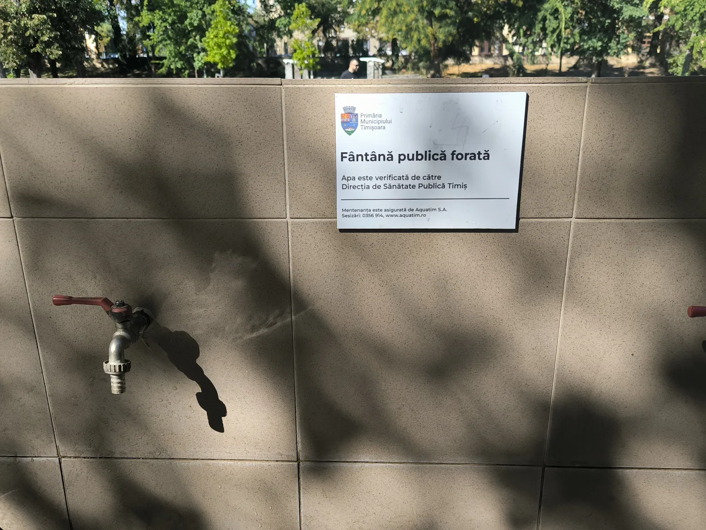 A tiled wall with a metal tap and a sign in Romanian reading Fantana publica forata, under the shade of trees
