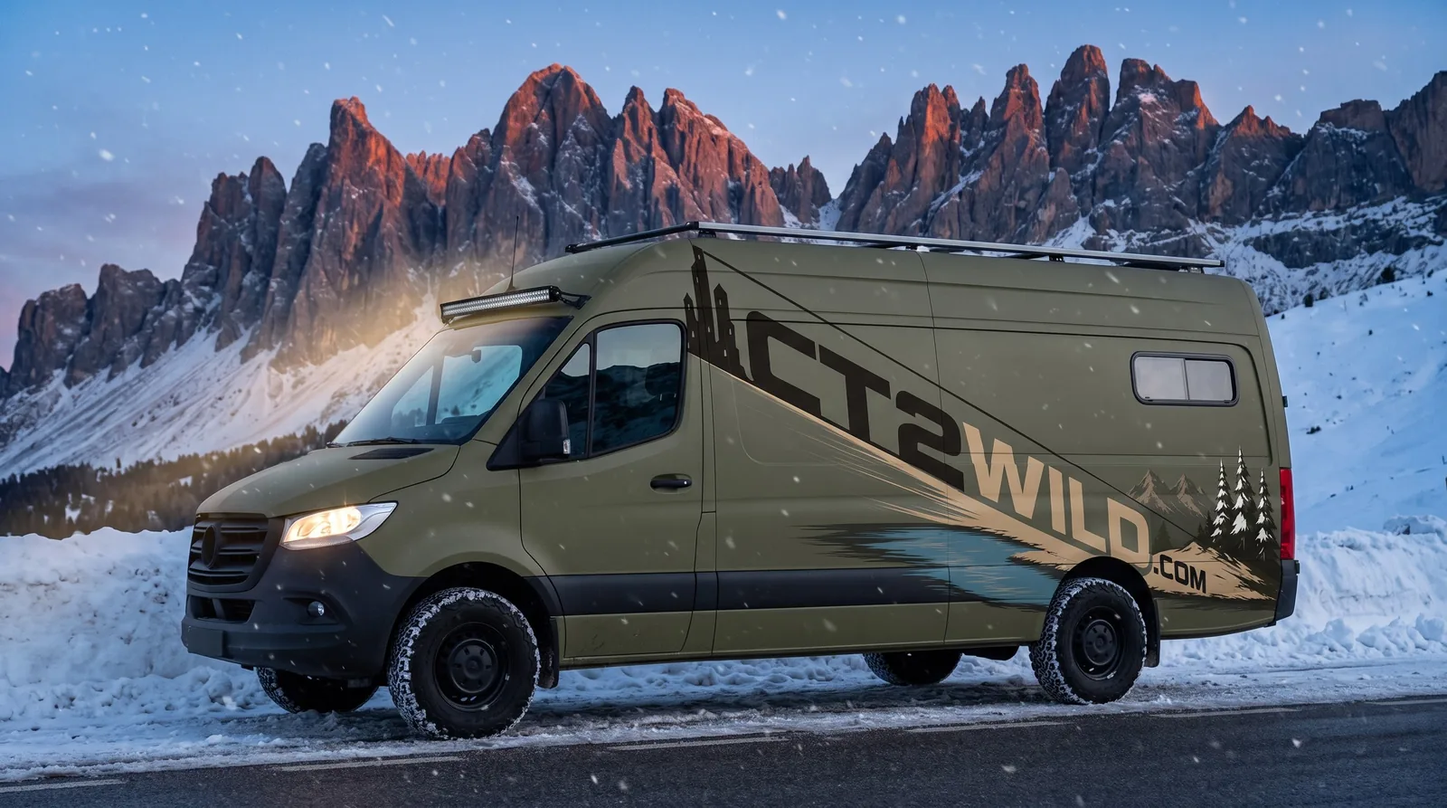 Render of the planned CT2WILD van on a snowy mountain pass at dusk